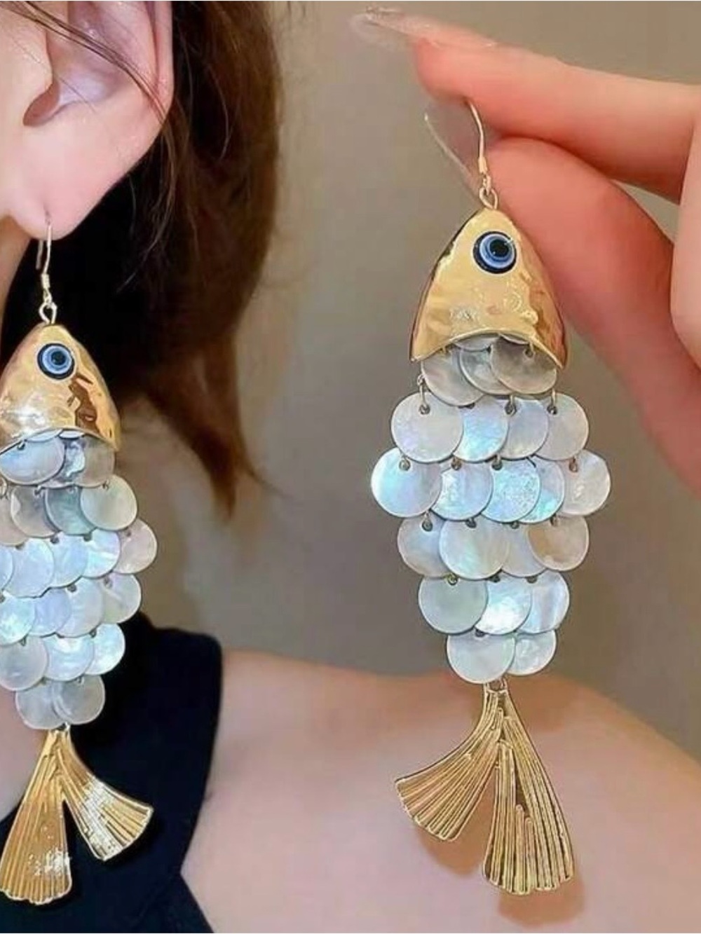 Gold and White Fish Scale Dangle Earrings